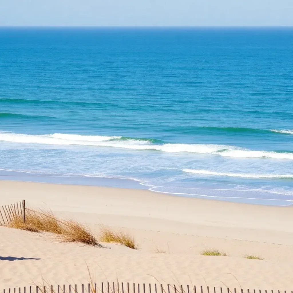 A picturesque view of the Outer Banks with safety signs for beachgoers.