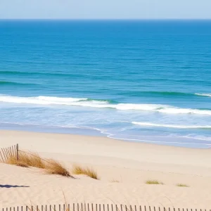 A picturesque view of the Outer Banks with safety signs for beachgoers.