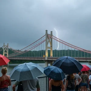 Scene of fans and stormy weather at Socastee Swing Bridge during Outer Banks filming