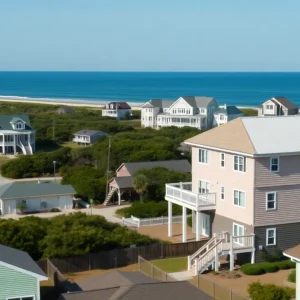 Aerial view of Outer Banks showing a mix of vacation properties and local residences