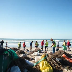 Volunteers cleaning the beach in Outer Banks, NC, collecting debris and fishing gear.