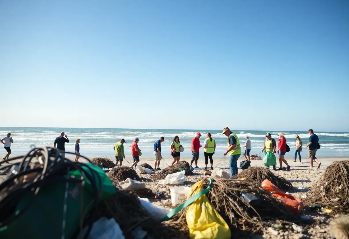 Volunteers cleaning the beach in Outer Banks, NC, collecting debris and fishing gear.