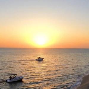 Sunset over the Outer Banks coastline with clear skies and boats