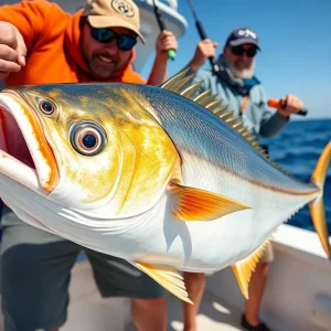 Fisherman displaying a large almaco jack fish on a boat in the ocean.
