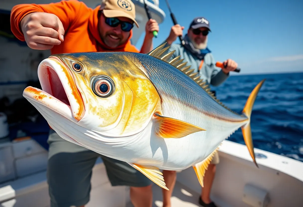 Fisherman displaying a large almaco jack fish on a boat in the ocean.