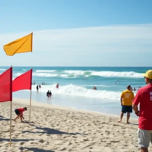 Beachgoers on a North Carolina beach with warning flags for rip currents