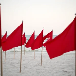 Red flags indicating dangerous swimming conditions at Virginia Beach