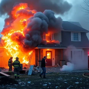 Firefighters responding to a house explosion in Roanoke Island