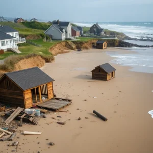 Erosion damage in Rodanthe, NC with collapsed houses on the beach.