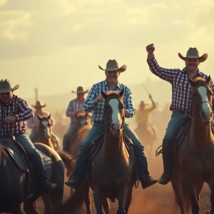 Dramatic rodeo scene with cowboys riding horses.