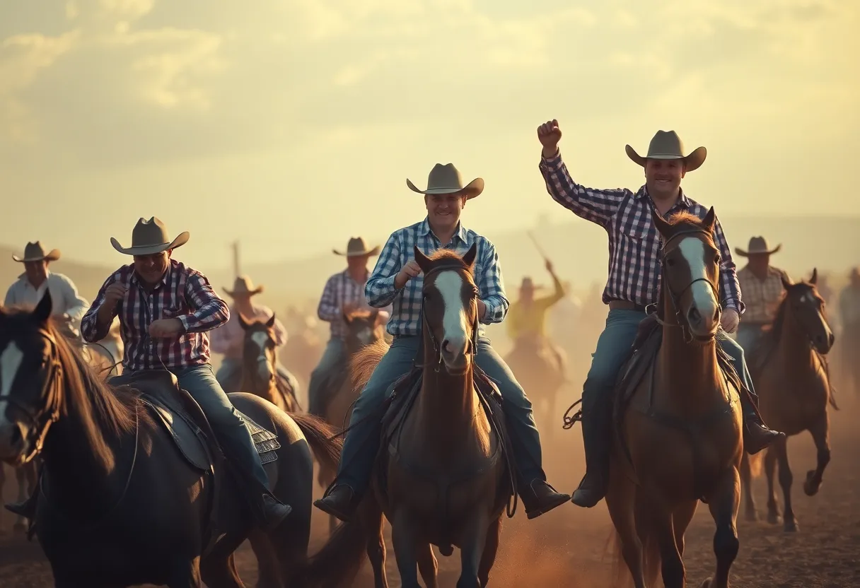 Dramatic rodeo scene with cowboys riding horses.