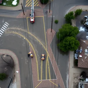 Aerial view of severe flash flooding in Ruidoso with debris and emergency services.