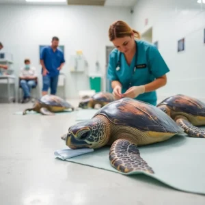 Endangered sea turtles being treated at Sentara Albemarle Medical Center.