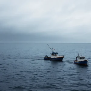 A tranquil ocean with fishing boats under gray skies, symbolizing loss.