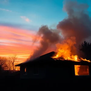 A burnt rental home in Southern Shores with smoke in the background.