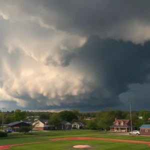 Tornado cloud formation over Wanchese with debris scattered on a baseball field.