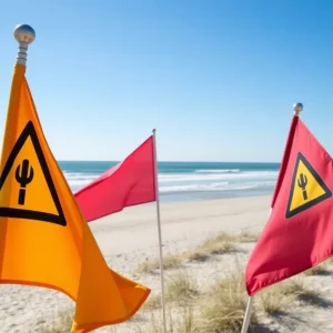 Outer Banks beach with rip current warning flags