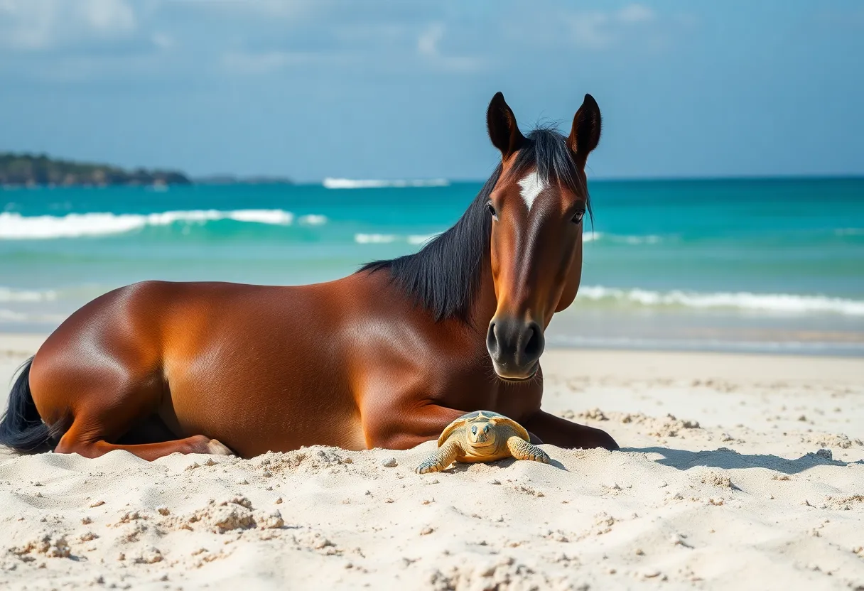 A wild horse on the beach guarding sea turtle eggs in the Outer Banks.