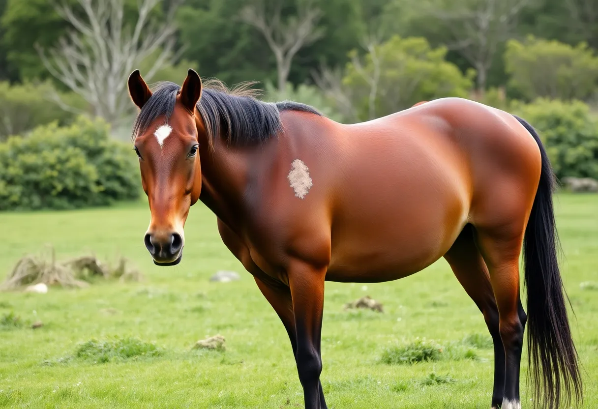 Wild horse with swollen shoulder in a green field