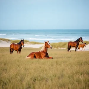 Wild horses roaming freely in the Outer Banks landscape