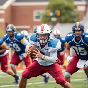 Football practice scene with a player displaying defensive skills.