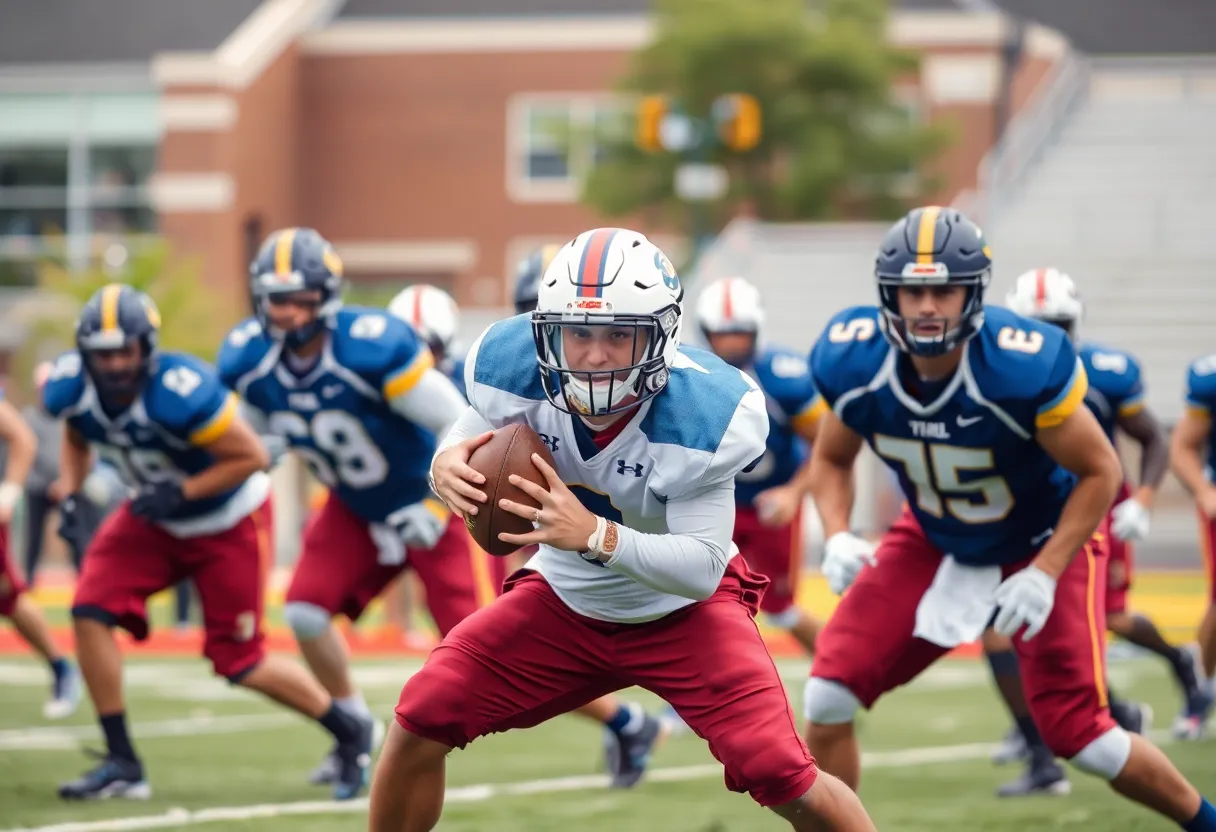 Football practice scene with a player displaying defensive skills.
