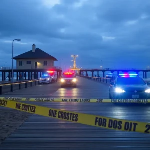 Police vehicles and tape at Avalon Pier following a shooting incident.