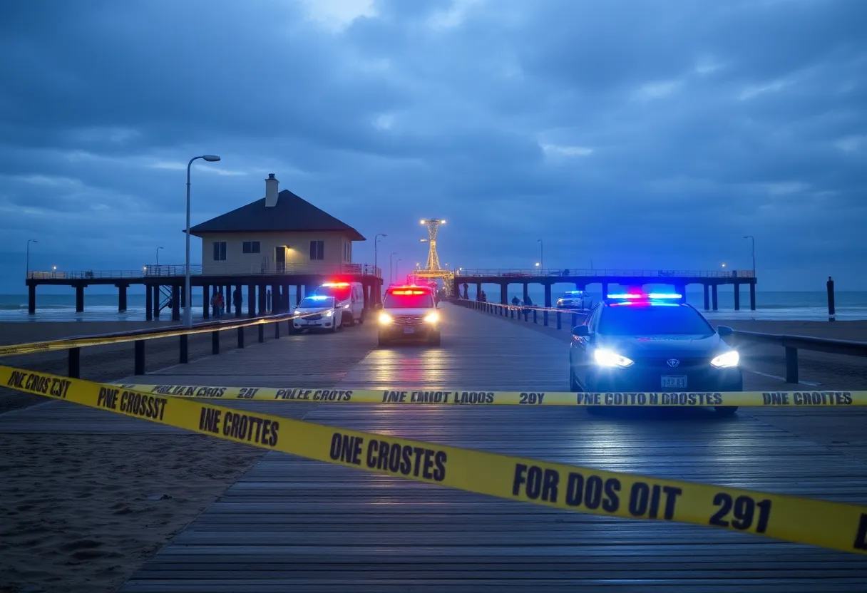Police vehicles and tape at Avalon Pier following a shooting incident.