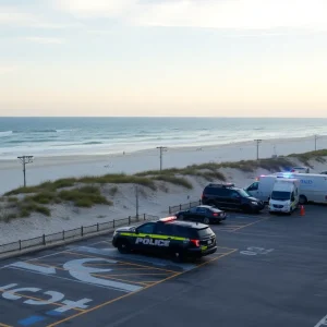 Police and emergency vehicles at Avalon Fishing Pier parking lot in Kill Devil Hills, N.C.