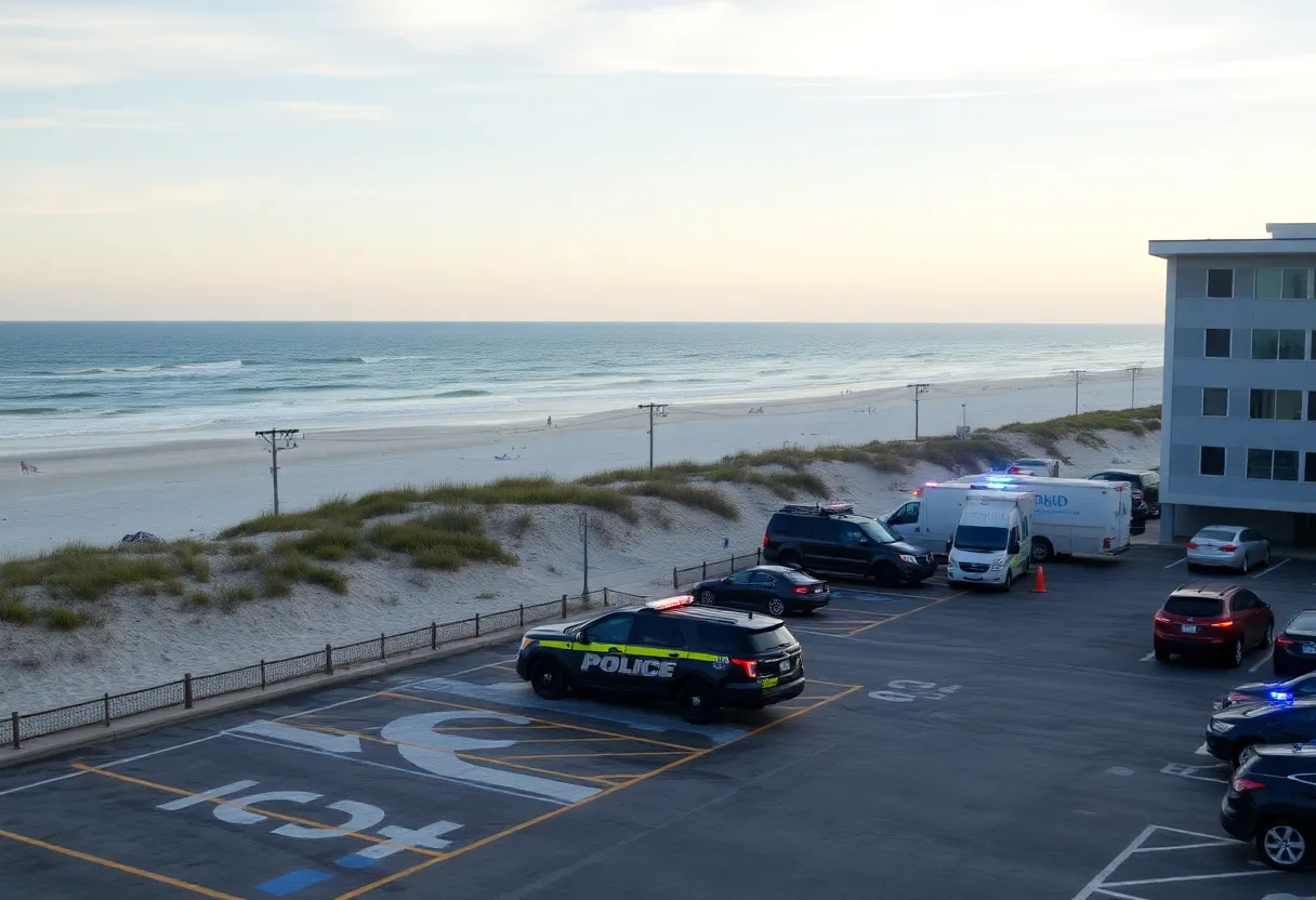 Police and emergency vehicles at Avalon Fishing Pier parking lot in Kill Devil Hills, N.C.