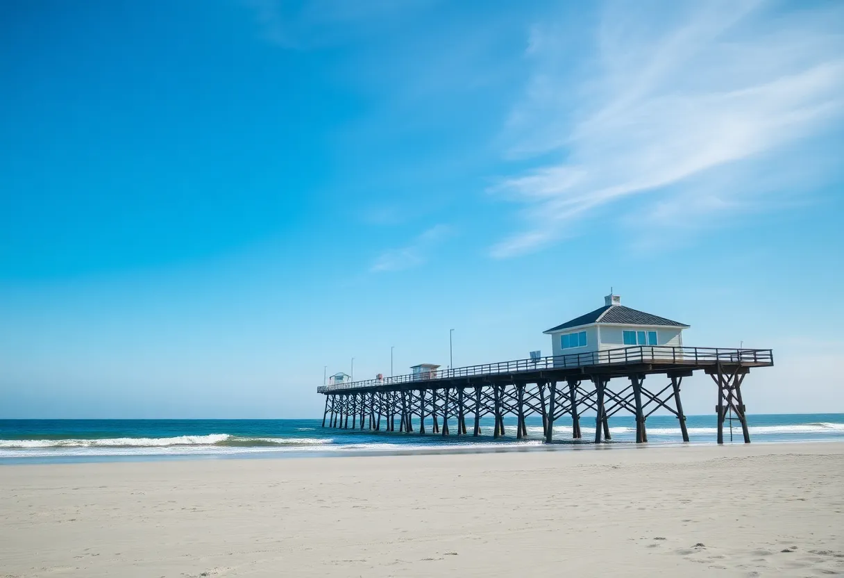 A serene view of Avalon Fishing Pier in Kill Devil Hills, North Carolina