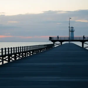 Serene view of Avalon Fishing Pier at sunrise