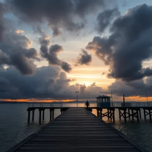 Sunset over Avalon Fishing Pier with ominous clouds