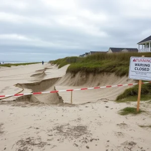 Closed beach area at Buxton, NC with erosion signs
