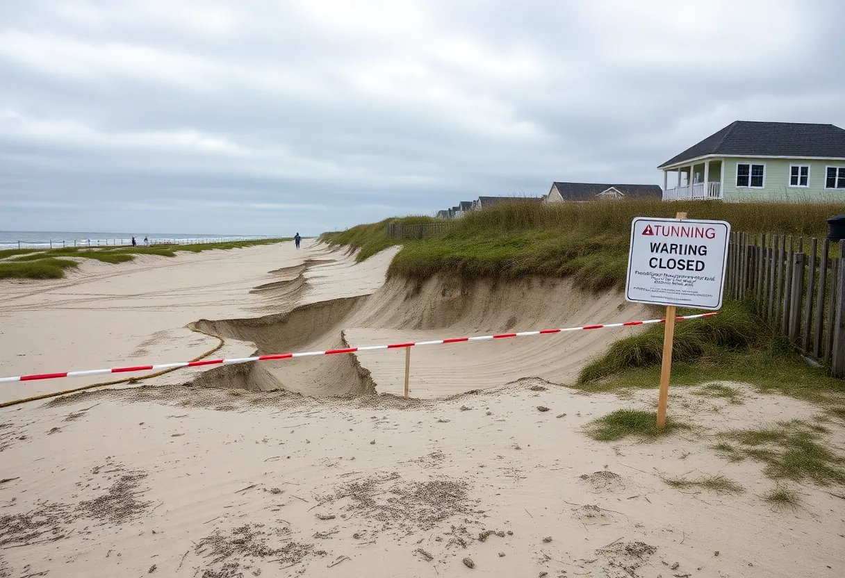 Closed beach area at Buxton, NC with erosion signs