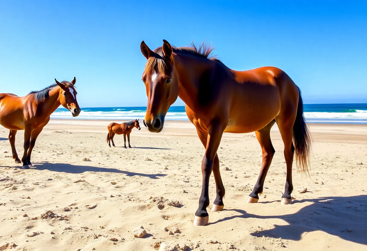 Wild mustangs grazing on the tranquil sands of Carova Beach, North Carolina.