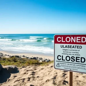 Closed beach area with warning signs about petroleum contamination