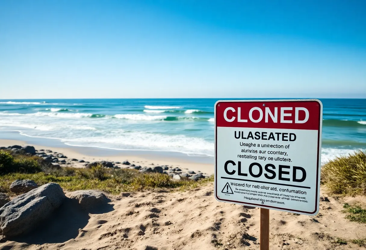 Closed beach area with warning signs about petroleum contamination