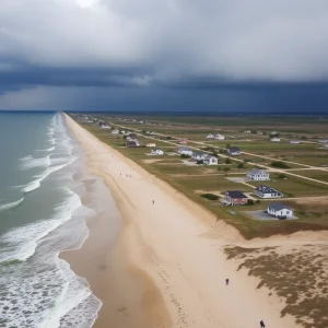 Aerial view showing coastal erosion and homes on the Outer Banks