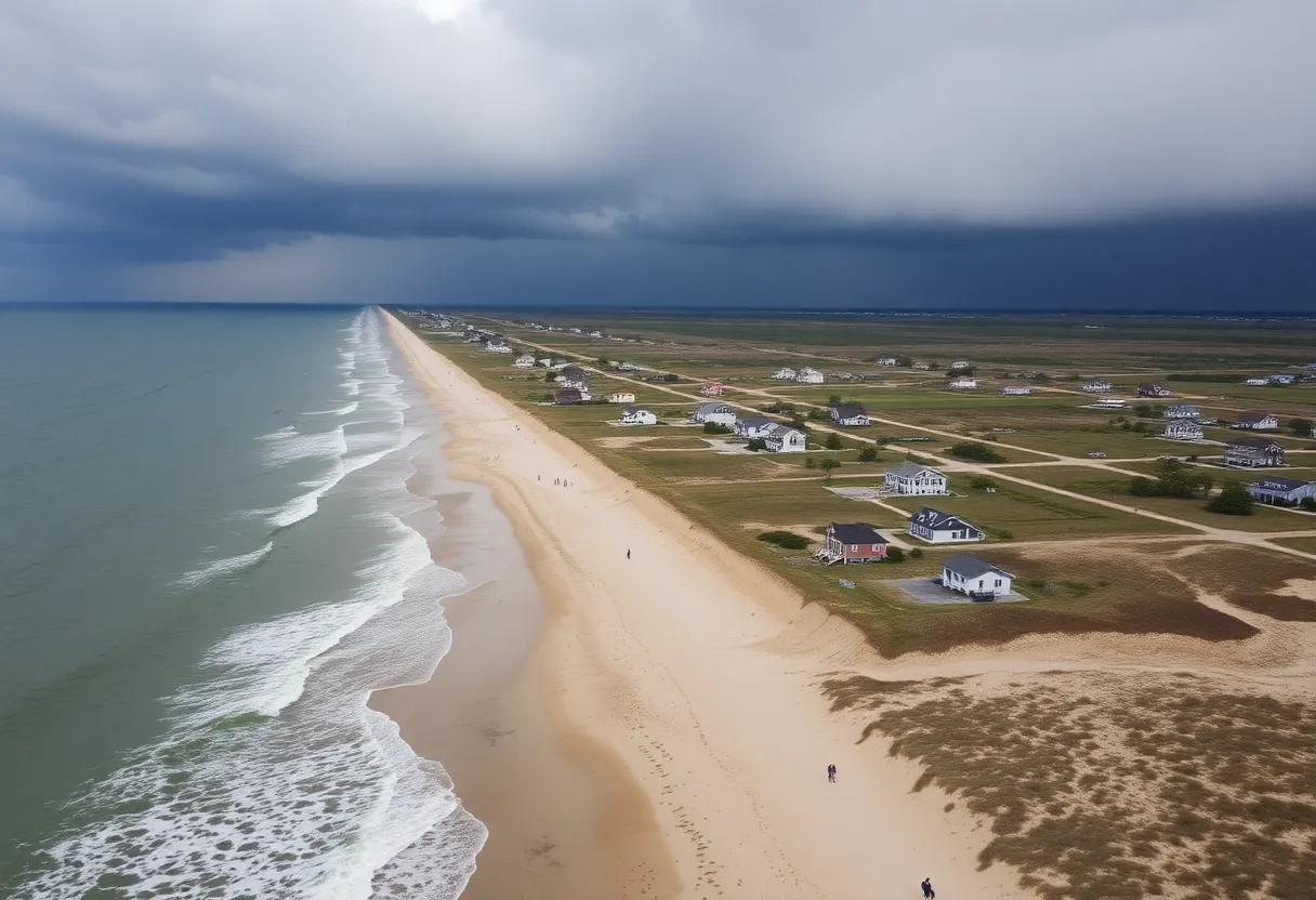 Aerial view showing coastal erosion and homes on the Outer Banks