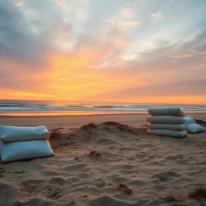 Beach showing signs of coastal erosion with sandbags in the Outer Banks.