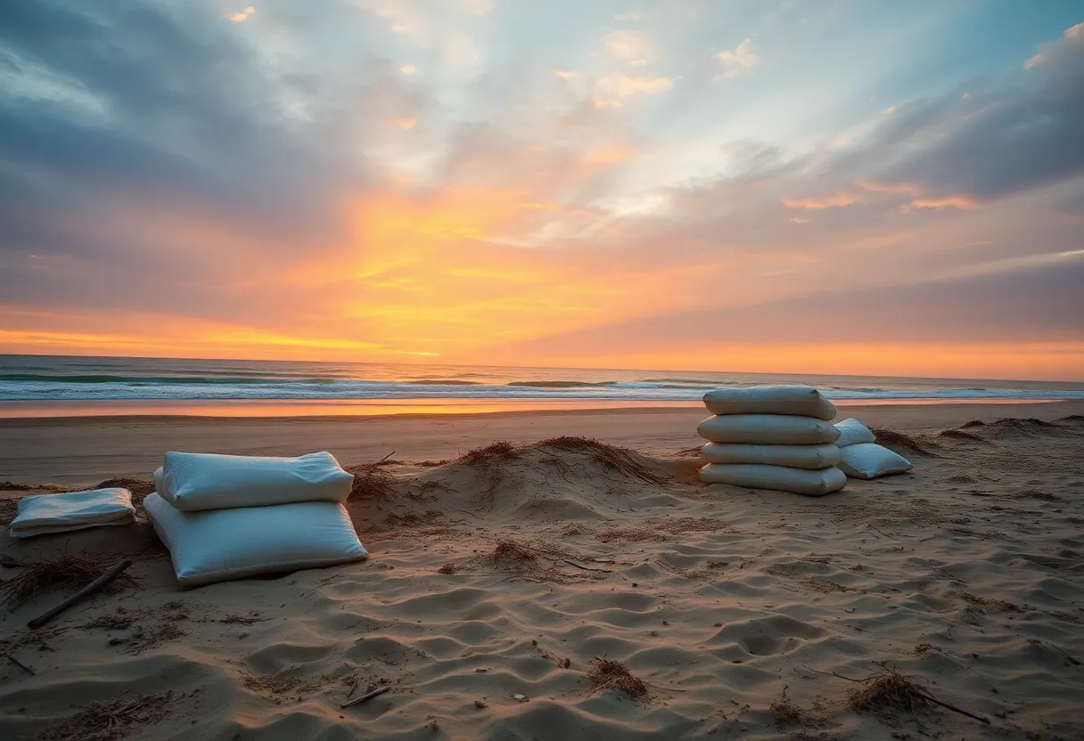 Beach showing signs of coastal erosion with sandbags in the Outer Banks.