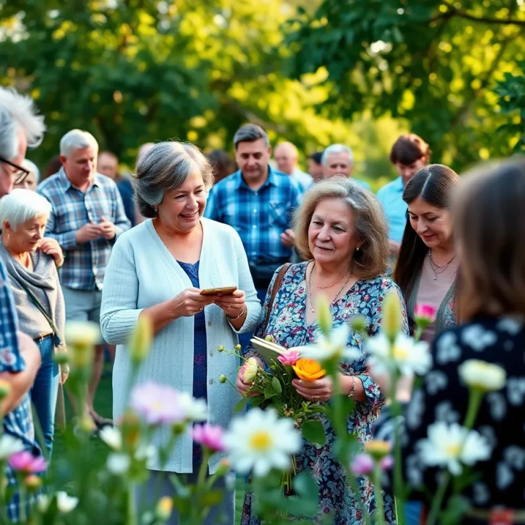 A community gathering in remembrance with people sharing stories outdoors
