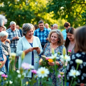 A community gathering in remembrance with people sharing stories outdoors