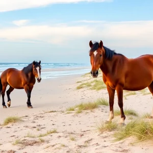 Wild horses grazing on the beach in Corolla, Outer Banks