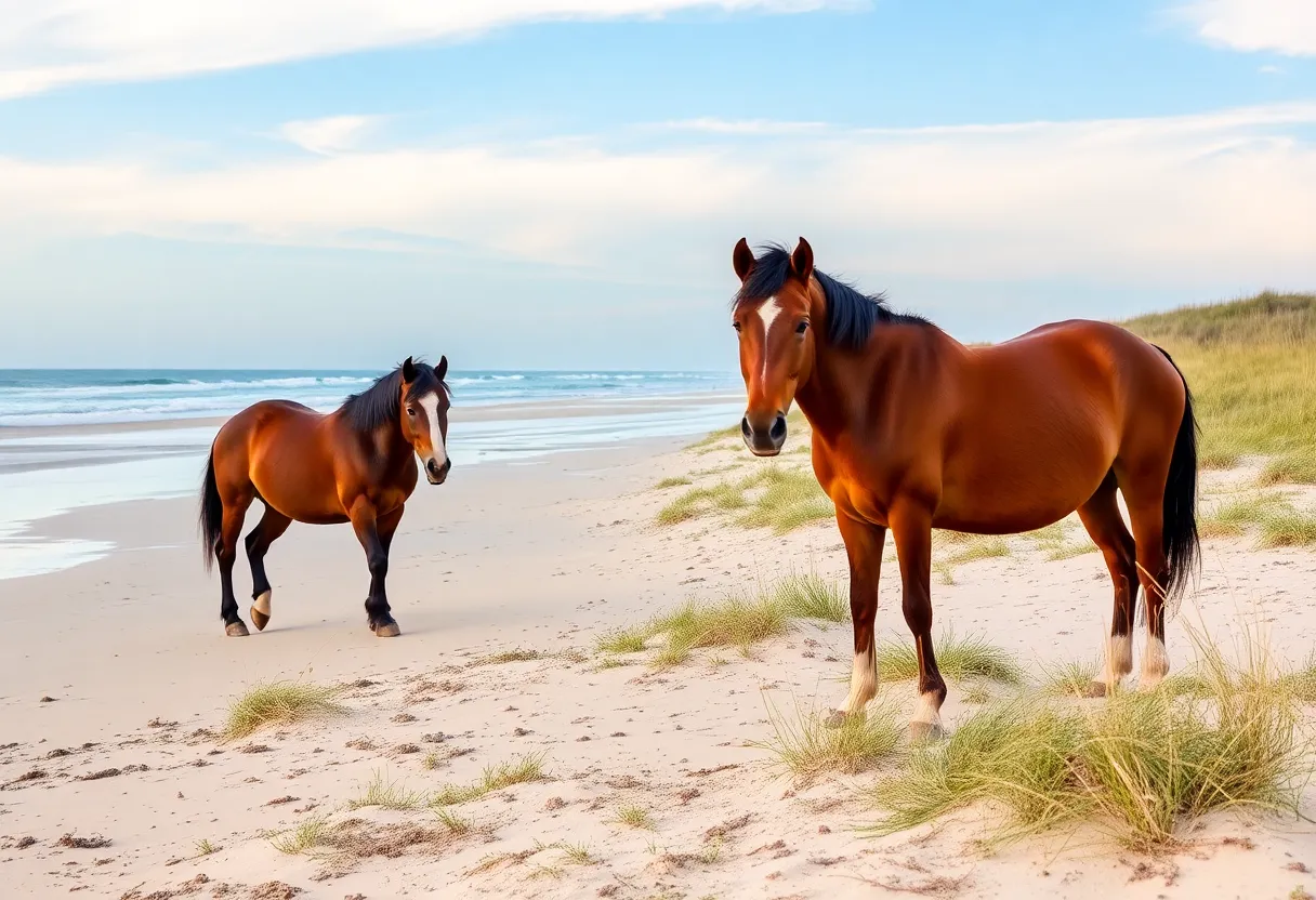 Wild horses grazing on the beach in Corolla, Outer Banks