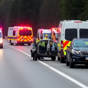 Emergency responders at a car accident scene on a highway