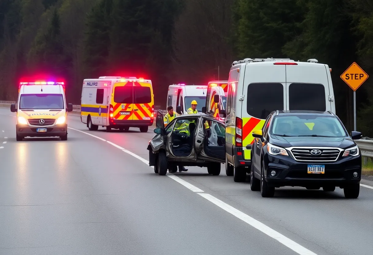 Emergency responders at a car accident scene on a highway