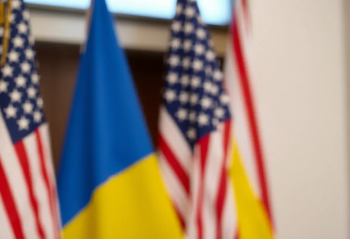 Diplomatic discussion representation with US and Ukraine flags