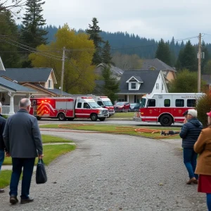Duck neighborhood after a house fire with visible emergency response.